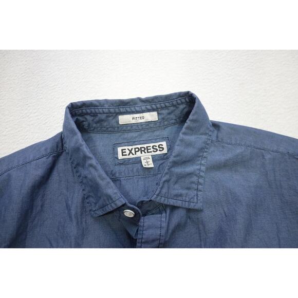 Express Dress Shirt Fitted Blue Military Button Up Short Sleeve Mens Sz Large - Picture 7 of 11